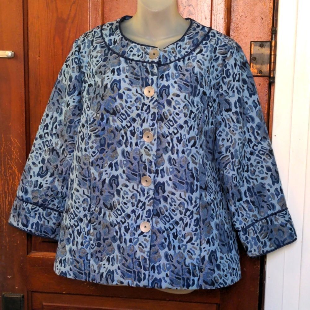 VTG 90s Maggie Sweet Blue Leopard Print Jacket 3/4 Length Sleeves Sz L